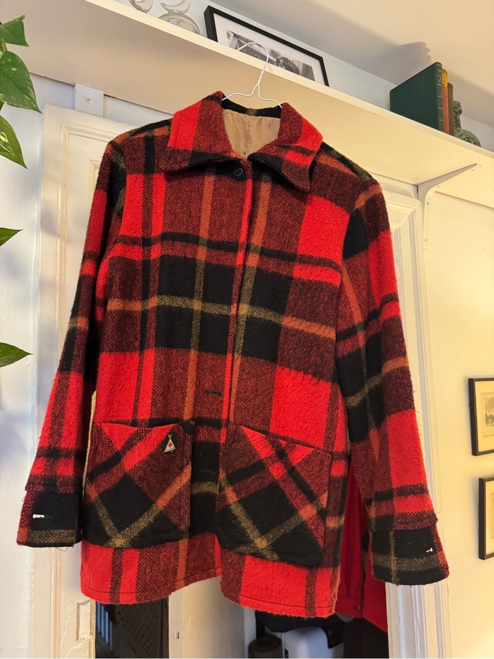 Vintage Red and Black Plaid Peacoat